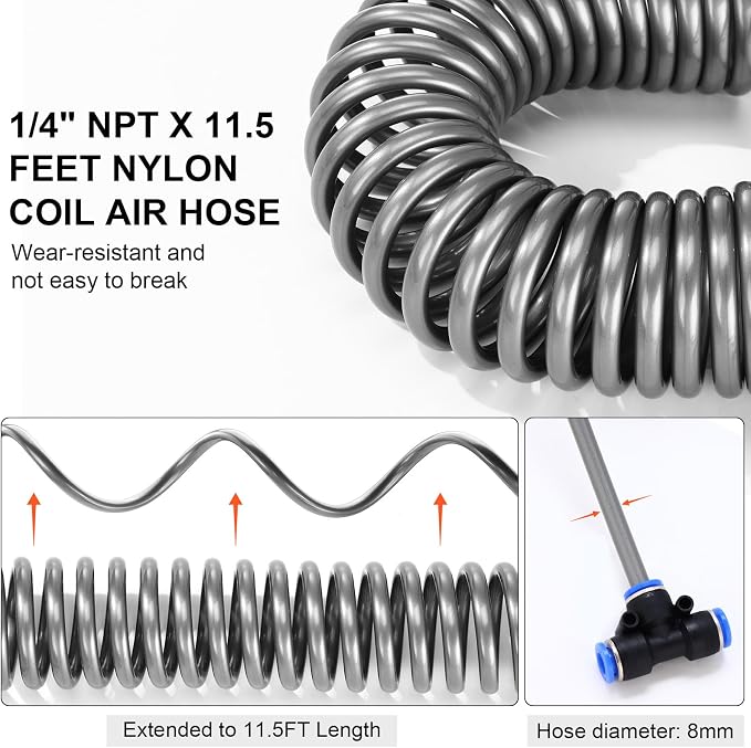 4 Set Air Blow Gun Kit with 11.5 ft Nylon Hose Heavy Duty Truck Air Seat Blow Gun Kit with 2 Interchangeable Nozzle Tips for Semi Truck 1/4 Inch Npt for Tractor Dust Clean(Silver,Gray)