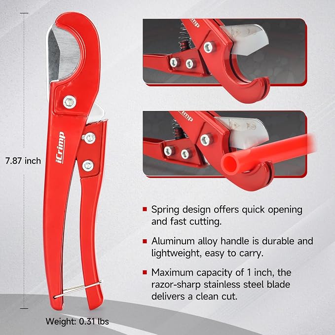 iCrimp Angle Head F1807 PEX Pipe Crimping Tool for Copper Rings - 1/2&3/4&1-inch Three Crimper Set with Cutter, Suitable for Tight Spaces