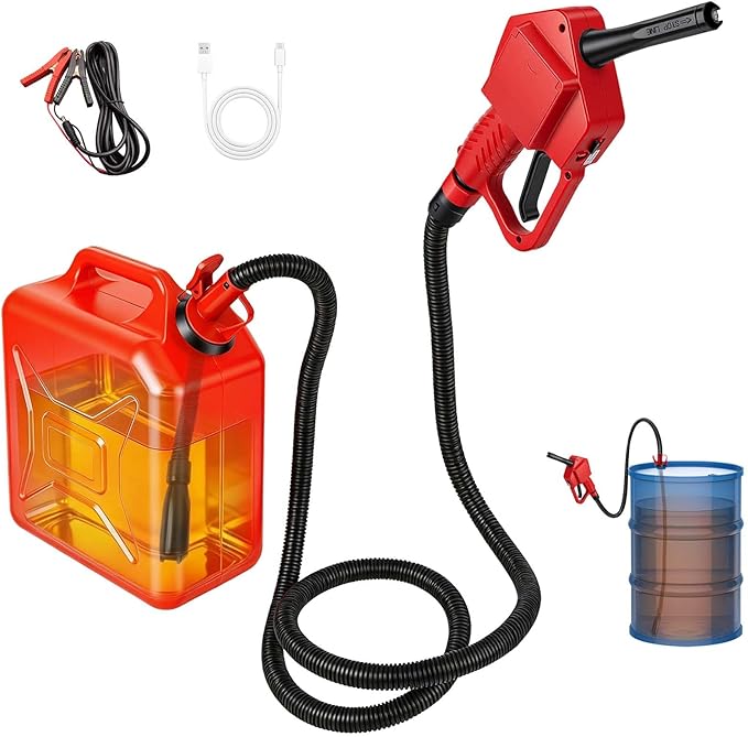 Portable Fuel Transfer Pump with Auto-Stop & Hand Nozzle, 80'' Pumping lift,fit different gas barrel sizes and depths, no adapters needed,3.8GMP, mulitiple power supply,for Gasoline, Diesel, Kerosene