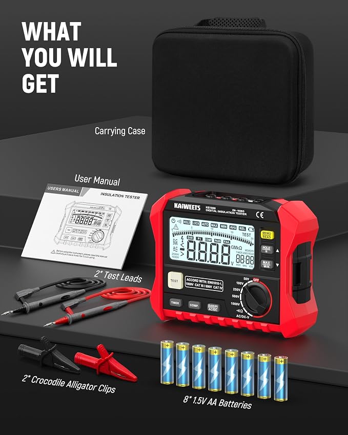 KAIWEETS Megohmmeter, Insulation Resistance Tester, Up to 100GΩ, 50V/100V/250V/500V/1000V, One-Touch DAR/PI, with AC/DC Voltage Testing for Motors, Solar, HVAC