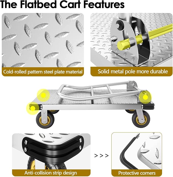 Push Cart Dolly Heavy-Duty Platform Truck Cart with Swivel Wheel 2200 LBS Capacity Foldable Flatbed Cart Large Steel Platform Dolly Cart for Groceries, Garage, Warehouse (36"X 24")