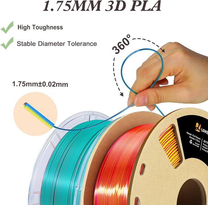LOVOON Silk PLA 3D Printer Filament Bundle 2 KG, PLA Filament 1.75mm, Shiny Silk Blue/Yellow/Red and Blue/Pink Change by Angle, 3D Printing Filament for Most FDM Printers and 3D Pen, 1KG X 2 Spools