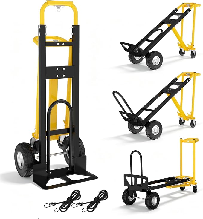 4 in 1 Convertible Hand Truck Dolly, 1000Lbs Capacity, Heavy Duty Folding Hand Truck Dolly Cart with Wheels 10" All-Terrain Tires, Hand Trucks for Logistics, Home, Office, School, Yellow