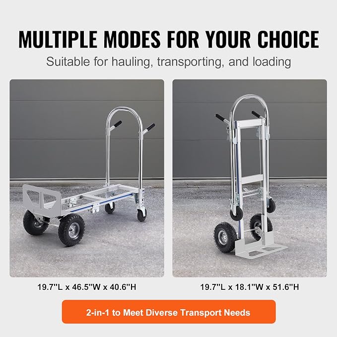 VEVOR Aluminum Truck, 2 in 1, 800 lbs Load Capacity, Heavy Duty Industrial Convertible Folding Hand Truck and Dolly, Utility Cart Converts from Hand Truck to Platform Cart with Rubber Wheels