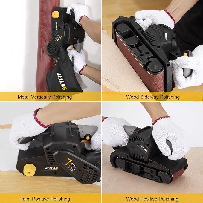 Jellas 7Amp Handheld Belt Sander, 3 21 Inch with Dust Bag for Woodworking | Variable Speed Control, 2-in-1 Vacuum Adapter, 10ft Power Cord, Dust Collection Design for Wood Sanding Projects