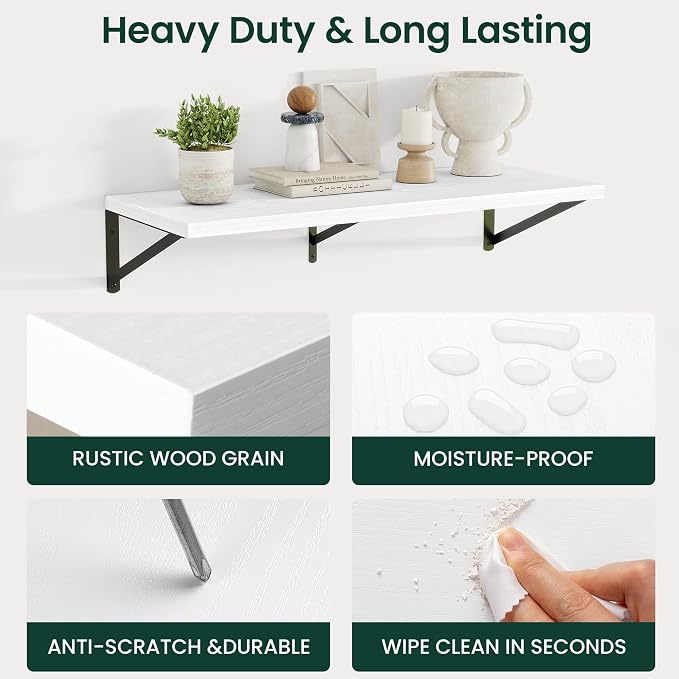 Floating Shelves 12 Inch Deep, 16W x 12D Wall Shelf Set of 2, 35 lbs Heavy Duty Reversible Metal Brackets, Deep Industrial Book Shelf for Living Room Kitchen Bath Bedroom Coffee Bar, White