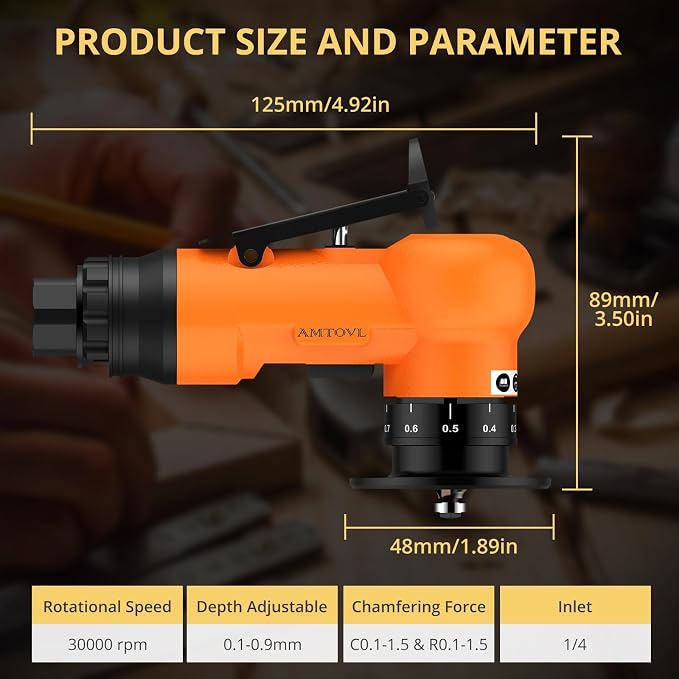 AMTOVL Pneumatic Chamfering Tool - Mini Air Chamfer Tool with 10 C-Angle & 10 R-Angle Blades, 45° 30000 RPM Chamfering Tool for Metal and Wood with 1/4" Air Inlet
