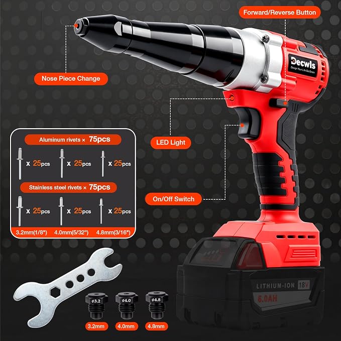 Cordless Rivet Gun Electric Compatible with Milwaukee 18V Battery(Only Tool), Brushless Pop Rivet Gun Kit for Stainless Steel & Aluminum Rivets 1/8'', 5/32'', 3/16", Blind Riveter Tool