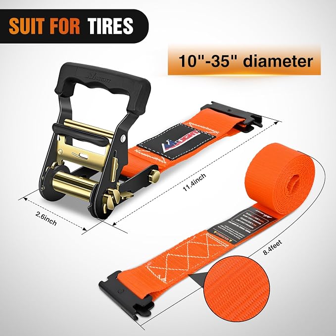 Nilight Wheel Chock Tie Down Kit 4500lb Break Strength 4Pcs E-Track Ratchet Straps 8 Pcs Heavy Duty Trailer Tire Straps System for ATV, UTV, Lawn Mower,SXS 10 in-30 in Diameter Tires Orange