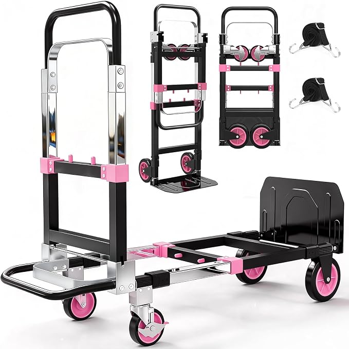 3-in-1 Folding Hand Trucks, 500lbs Convertible Dolly, Dolly Cart with Wheels Heavy Duty, Moving Cart with Retractable Handle, Collapsible Trolley for Moving Office/Home/Warehouse/Boxes/Cartons (Pink)