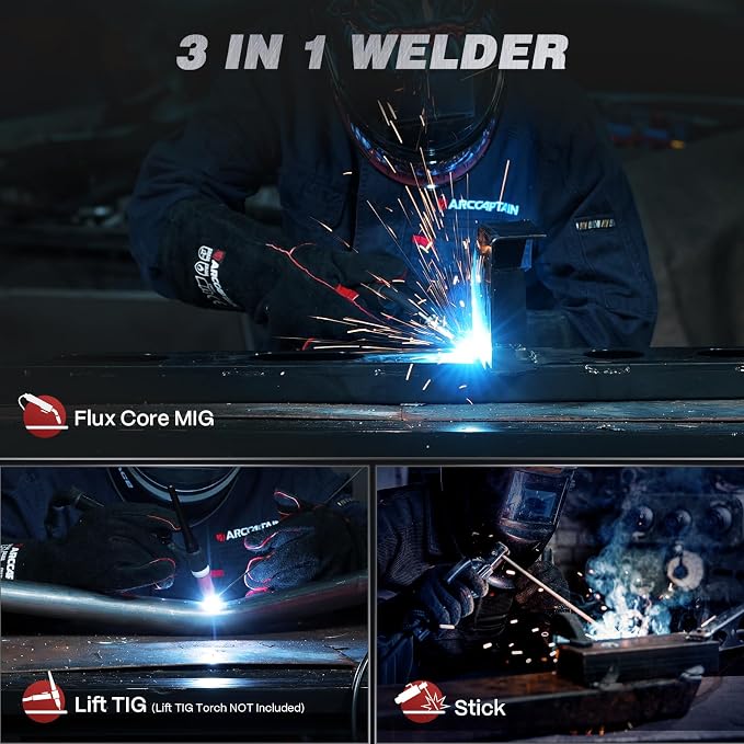 ARCCAPTAIN 135A MIG Welder [Large LED Display] 110V Welder Flux Core MIG, Lift TIG, Stick, 3 in 1 Welding Machine Gasless MIG Welder Machine 110V, IGBT Inverter Welder with Synergy, 2T/4T