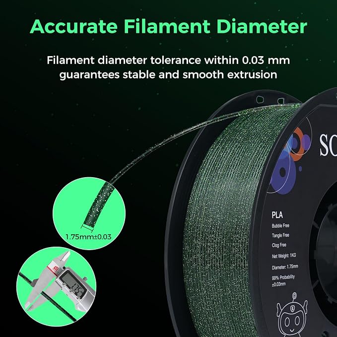 Sovol 3D Printer Luminous Filament, Glow in The Dark PLA 1kg (2.2 lbs) Spool 3D Printing Materials, Dimensional Accuracy +/- 0.03 mm, 1.75 mm, Shiny Green