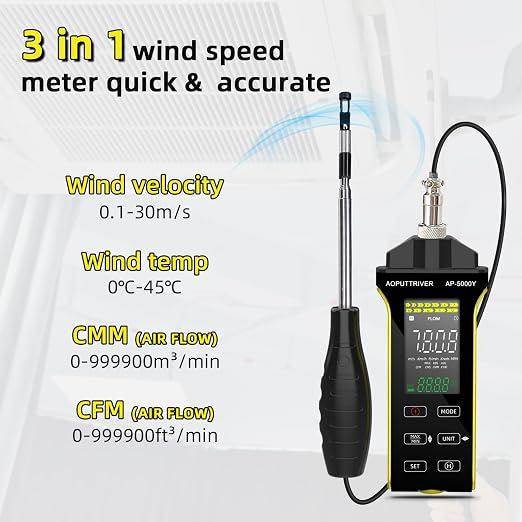Hot Wire Anemometer Handheld CFM/CMM Air Flow Meter with 360° Revolve Telescopic Probe Measures Airflow and Temperature in Air Flow Velocity for HVAC Cone Duct-AP-5000Y