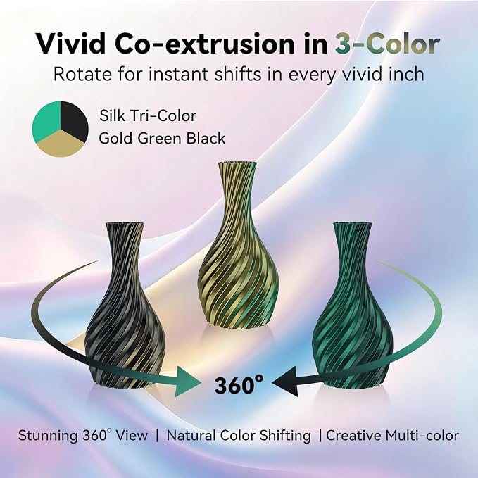 Kingroon PLA Filament, Multicolor Silk PLA Filament, Tri Color 3D Printer Filament, 1.75 mm, Dimensional Accuracy +/- 0.03 mm, 1kg Spool(2.2lbs), Black Green Gold