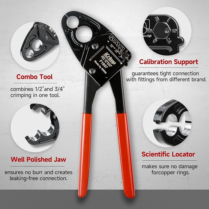 iCrimp ASTM F1807 PEX Crimping Kit with Cutter, Gauge & Copper Rings | Complete F1807 PEX kit with angle head crimper, PEX cutter, GO/NO-GO gauge and 30 copper rings