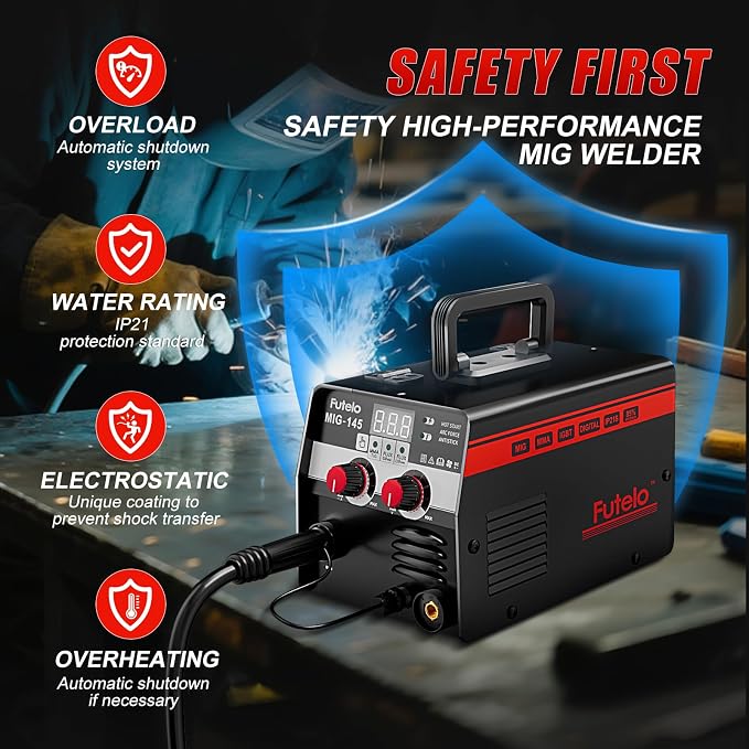 145A MIG Welder, 3 in 1 Flux Core Lift TIG Stick Welding Machine 110V IGBT Inverter Wire Feed Welder with Synergy Control, Welding Helmet and Gloves