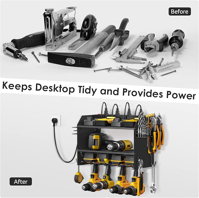 CCCEI Wall Mount Modular Tool Charging Organizer, Black, 2 Pack, 3 Tier. | Drill Battery Storage Rack with Hooks, Garage Workshop, Gifts for Men, Dad, Husband Anniversary, Birthday, Christmas