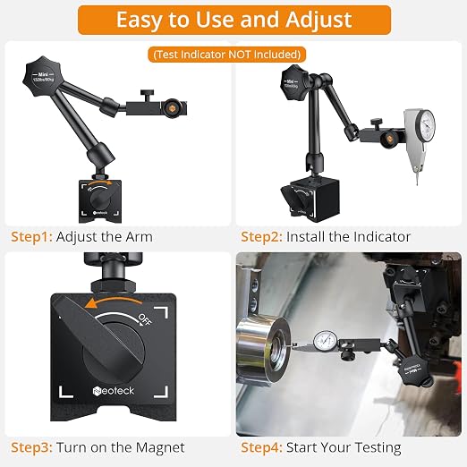 Neoteck 132lbs/60kg Max Pull Steel Magnetic Base for Digital Dial Indicator with 3/8 inch (9.52mm) Clamping Hole, Adjustable Test Indicator Holder Weighs 671g for Widely Used in Lathe - Black