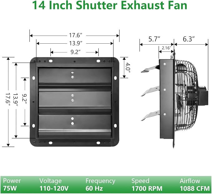Shutter Exhaust Fan with Thermostat & Speed Control, 1088 CFM,1700RPM, Upgrade 14 inch Wall Mount Attic Vent Fan for Chicken Coops, Greenhouse, Gable, Barn, Garage, Shed Ventilator