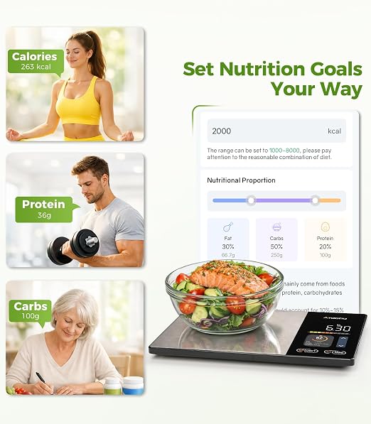 Atogou Smart Food Kitchen Scale with Nutrition Calculator, Color Display & Free App, Precise Portion Control, Calorie & Macro Tracking for Weight Loss & Meal Prep Black