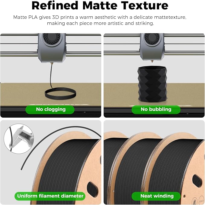 CCTREE Matte PLA Filament 1.75mm Bundle, 4 Pack 1KG Cardboard Spool, Black | Matte Surface Texture, Easy to Print 3D Printing Filament, Accuracy +/- 0.03 mm, Fit Most FDM 3D Printers