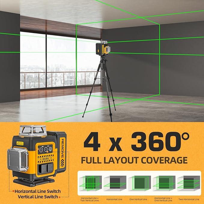4 x 360 Laser Level 360° Self Leveling, 4D High Brightness Rechargeable Lazer Level, with Pluse Mode for Outdoor, Hard Carry Case, Lift Base, Glasses, Target Plate