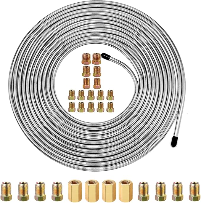 SHOOSHINE 3/16 Inch Brake Line Flaring Tools kit Include 25Ft/7.62m Copper-Plated Brake Pipe with 3/16 Brake Line Fittings (25Ft Brake Line+16Fittings)