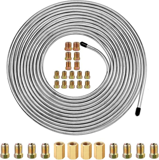 SHOOSHINE 3/16 Inch Brake Line Flaring Tools kit Include 25Ft/7.62m Copper-Plated Brake Pipe with 3/16 Brake Line Fittings (25Ft Brake Line+16Fittings)