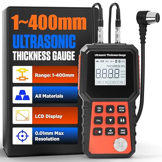 Ultrasonic Thickness Gauge, Range 0.04"-15.75" (1-400mm), for Metal (Steel, Aluminum, Copper), Plastic, Glass, 2.4" LCD, Sound Vel. Cal., Industrial Metal Thickness Tester with Couplant