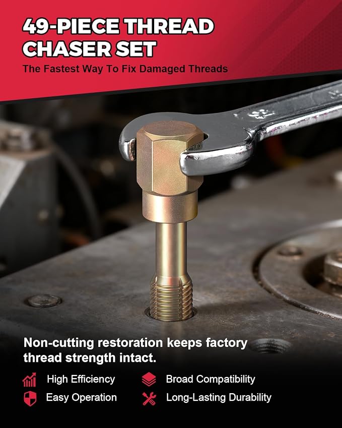 Kolvoii 49-Piece Thread Chaser Kit, Metric & SAE Thread Repair Kit with Taps, Dies & Files – UNC, UNF, Metric Rethread Damaged Bolts, Nuts & Holes, Color-Coded for Easy Use