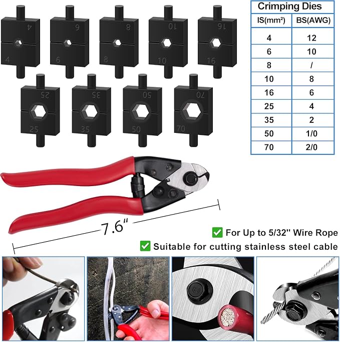 Upgraded Hydraulic Crimping Tool and Cable Cutter, Hydraulic Cable Lug Crimper with 9 Dies, Wire Swaging Tool for 1/8" - 3/16" Stainless Steel Cable Railing Kit