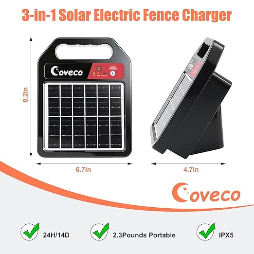 3in1 20Miles Solar Electric Fence Charger with Short Circuit & Open Circuit Alarms,Adjustable 8KV to 10KV(0.13J-0.33J), Real-Time Battery Level Light & 110 dB Removable Alarm,14 Days Protection