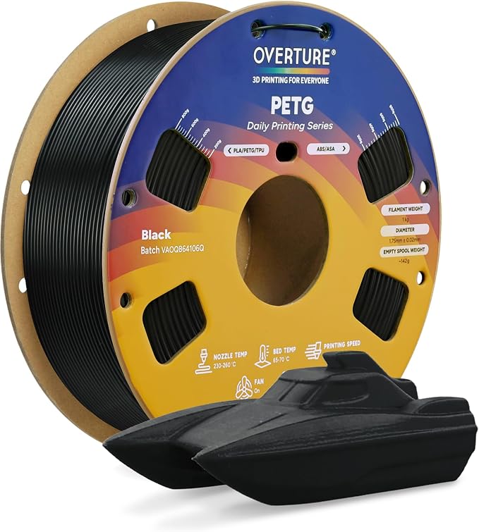 OVERTURE PETG Filament 1.75mm, High Speed 3D Printer Filament, Neatly Wound & Clog-Free, 1kg Spool (2.2lbs) Rapid PETG, Dimensional Accuracy +/- 0.02mm, Fit Most FDM Printers (Black (1-Pack))