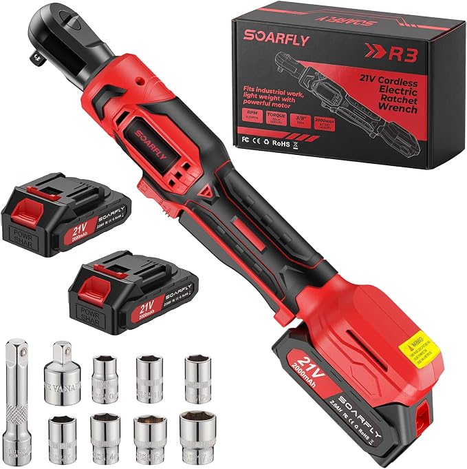 SOARFLY 3/8" Cordless Ratchet Wrench, Power Ratchet Tool Set, 60 Ft-Lbs(80N.m) Electric Ratchet Wrench with 2 * 2000mAh Lithium Batteries, 7 Sockets, LED Light, 1/4" Adapter, 3" Extension Bar