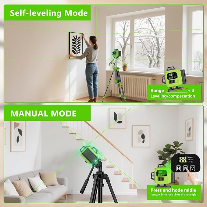 16 Line Laser Level 360 Self Leveling with tripod, 4x360°Professional 4D Green Cross Line laser Level with 2 Batteries & Remote Control, for Tiling Floor Construction and Picture Hanging