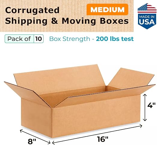 Medium Moving & Shipping Boxes 16x8x4 inches (10-Pack) - Extra Strength 200 lb vs Regular - USA-Made Corrugated Durable Boxes for Packaging - Carton Box - Packing Box by IDL Packaging