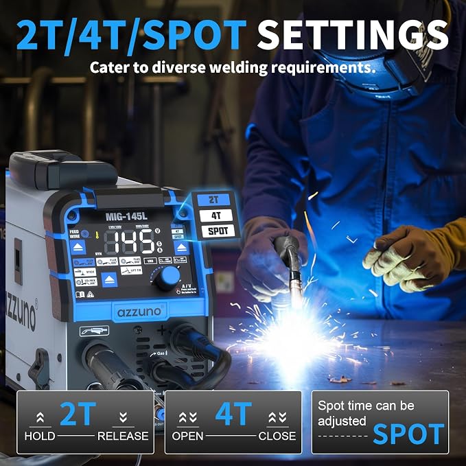 AZZUNO 4 in 1 MIG Welder 110V/220V, 145Amp MIG Welding Machine with Gas/Gasless Flux Core MIG/Lift TIG/Stick Welding, Wire Feed Welder with Synergic Control