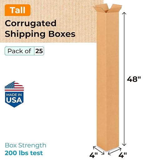 Tall Moving & Shipping Boxes 4"L x 4"W x 48"H (25-Pack) - Extra Strength 200 lb vs Regular - USA-Made Corrugated Durable Packing Boxes for Moving - Tall Moving Box by IDL Packaging