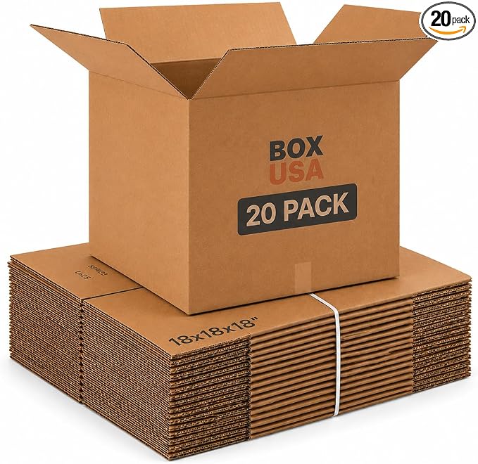 Box USA Cube Shipping Boxes 18"L x 18"W x 18"H (20-Pack) - Medium Corrugated Cardboard Packaging Boxes for Shipping, Packing, Moving, and Storage at Home, Office, or Business