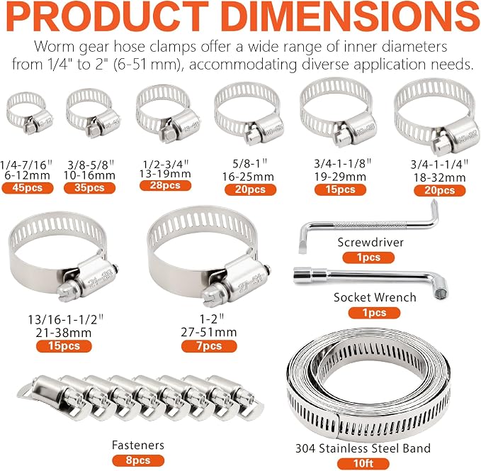 185-Piece 304 Stainless Steel Worm Gear Clamps Assortment Kit 1/4"-2" (6-51mm), with 10FT Cut-to-Fit Strap, 8 Fasteners, Socket Wrench & Organizer Box for Automotive, Plumbing, Marine, Fuel Line, HVAC