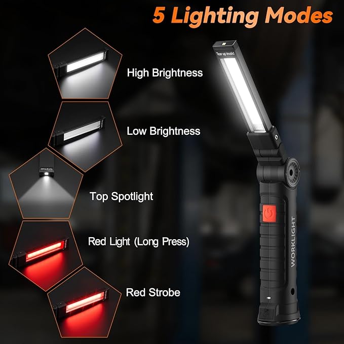 Magnetic Work Light 12Pack, Rechargeable LED Work Light with 360° Rotation, 5 Mode Mechanic Light, Compact Rechargeable Flashlight with Hook for Car Repairing, Emergency, Fathers Day Dad Gifts