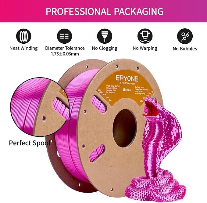 ERYONE Silk PLA Filament for 3D Printer 1.75mm +/- 0.03mm, Shiny Filament 1kg (2.1lbs)/Spool, Rose Red