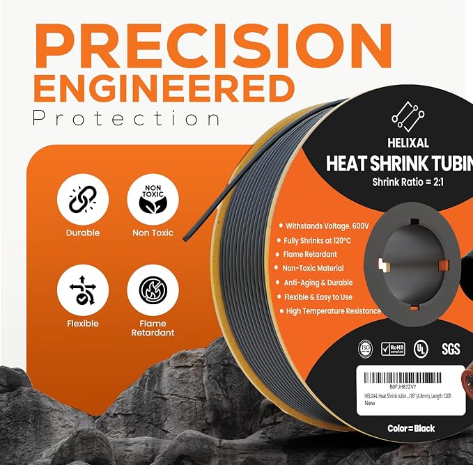 3/16" 4.8mm HELIXAL 2:1 Heat Shrink Tubing, Electrical Industrial Shrink Tube for Wire Insulation, Shrink Wrap Tubing, Electrical Insulation, Flame Retardant Cable Management Spool 120ft