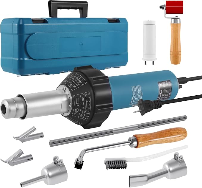 1600W 110V Hot Air Welder Heating Gun, TPO PVC Vinyl Welding Kit with Welding Speed Nozzle Roller Rod Carry Case, 40-600℃ Adjustable Temperature, Handheld Hot Air Torch Plastic Welding Gun