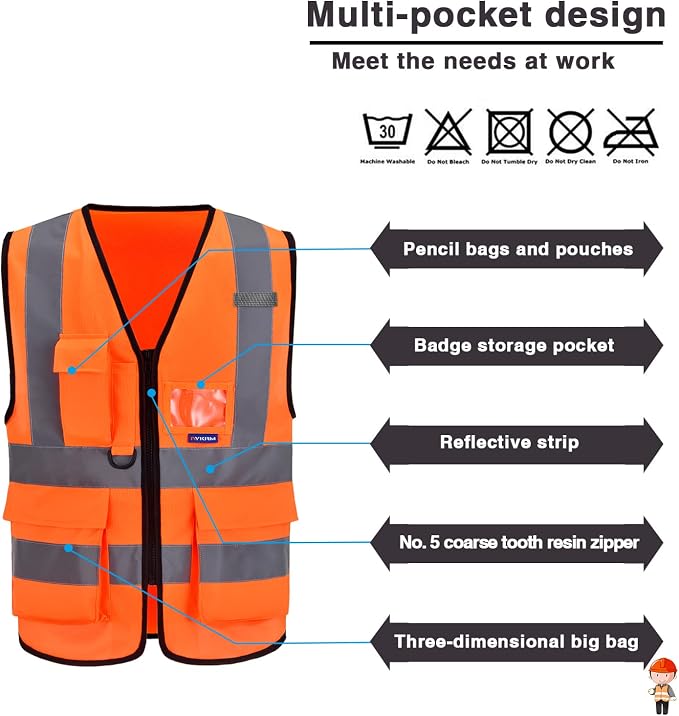A-SAFETY Orange SMALL Safety VestS | Orange S safety vest with reinforced zipper pockets, clear PVC ID holder and mic tabs for utility work; unisex workwear.
