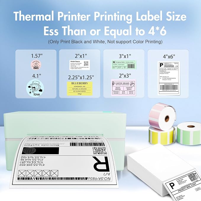 Bluetooth Thermal Shipping Label Printer: 4x6 Wireless Label Maker with Tape for Small Business - Compatible with iPhone, Android, Windows & Mac, Widely Used for USPS UPS Amazon Shopify, Green