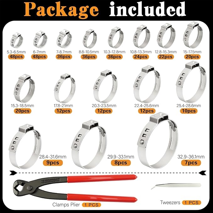 360Pcs Single Ear Hose Clamps Kit,Stepless 5.3-36.1mm 304 Stainless Steel Hose Repair Clamp Cinch Rings,Ear Clamp Pliers Tool with Portable Toolbox for Automotive Fuel Line Plumbing PEX DIY