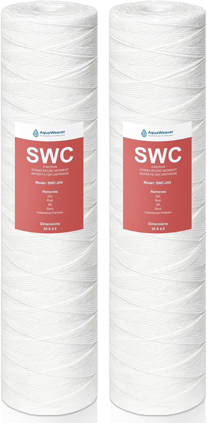 5 Micron 4.5" x 20" Whole House String Wound Sediment Water Filter Cartridge, AquaWeaver Whole House Sediment Well Water Filter Replacement for Well Water, Compatible with WP5BB20P, 2-Pack