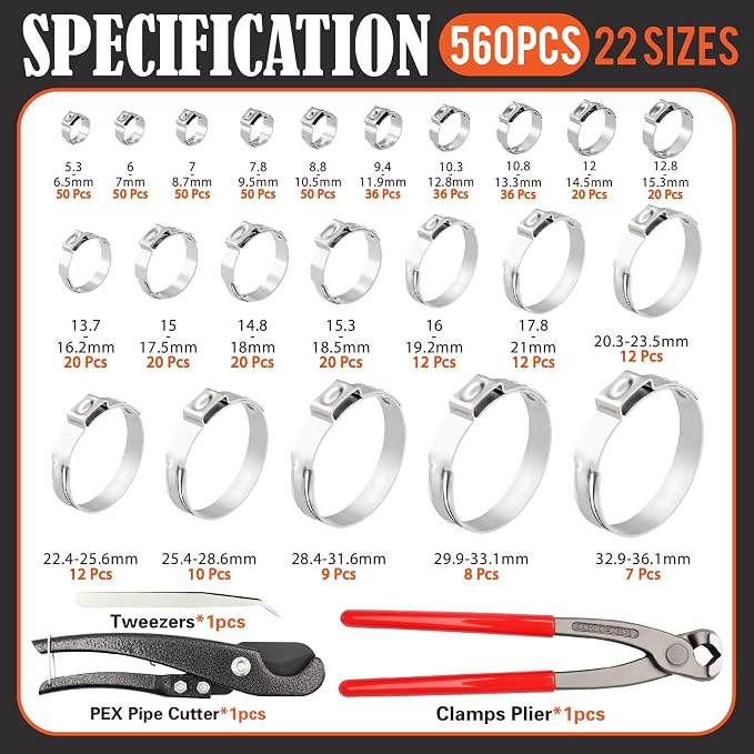 560Pcs 22 Sizes 304 Stainless Steel Stepless Single Ear Hose Clamp Assortment Kit,Adjustable 5.3-36.1mm,with Ear Clamp Pincer Tool,for Fuel Line,Automotive,Industry,Home Pipeline