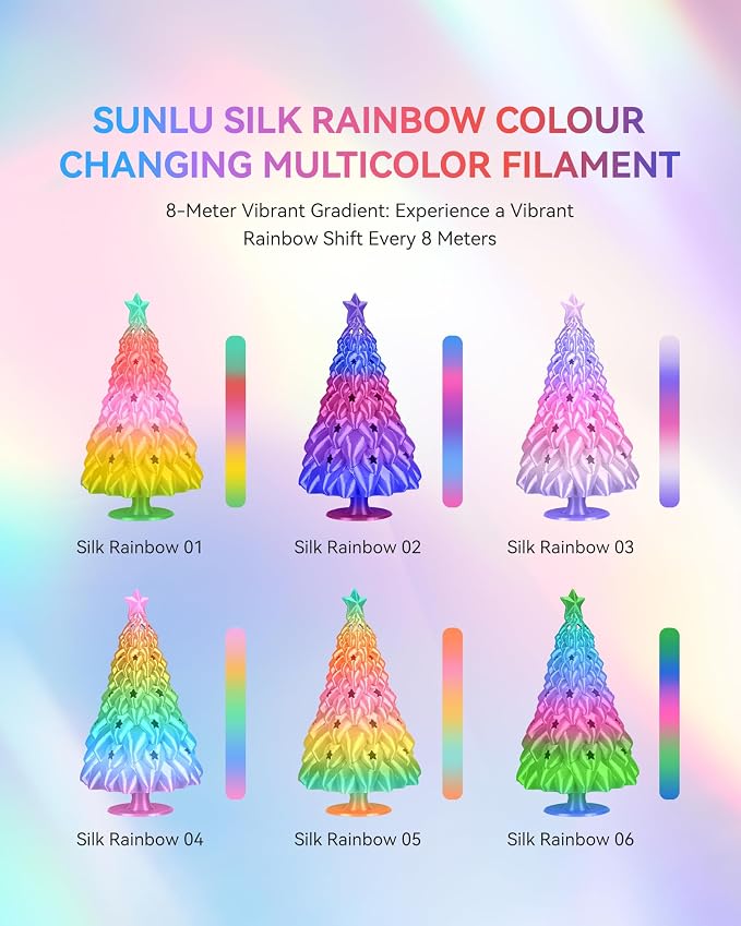 SUNLU Silk Rainbow PLA Filament 1.75mm, Multicolor Gradient 3D Filament, Neatly Wound Shiny Silk 3D Printer Filament, Dimensional Accuracy +/-0.02mm, 1KG Spool(2.2 lbs), Rainbow Silk 06